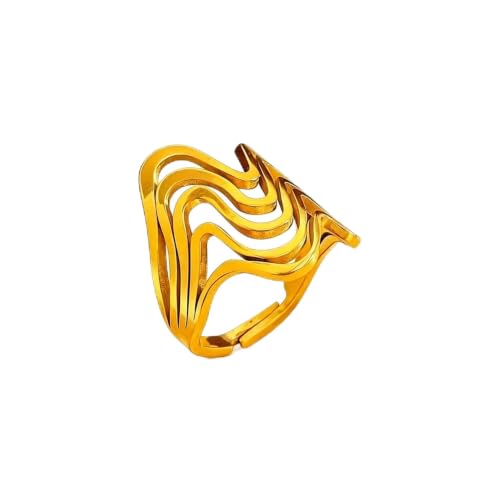 18K Gold Plated Adjustable Rings for Women, 316L Stainless Steel Open Band Gold Jewelry Collection, Hypoallergenic Size 6-9 Adjustable Stackable Rings, Tarnish Free Trendy Gift for Her - color: Wave Line