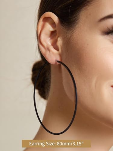 FindChic Thin Hoop Earrings for Women,Silver/Black/Gold Plated 20-100mm - color: Black, size: 80mm