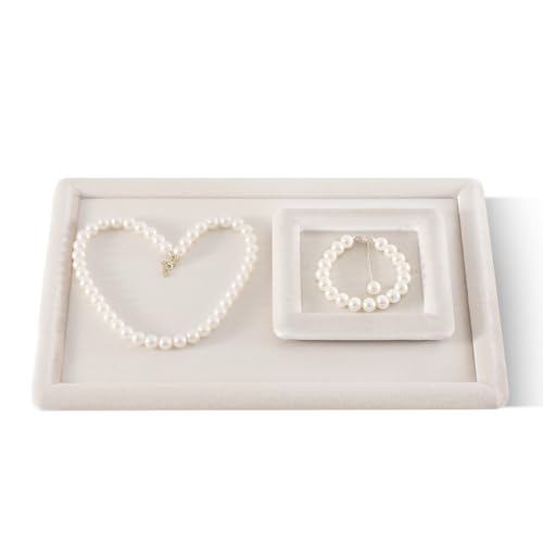 Velvet Jewelry Display Tray for Ring Earrings Necklace Bracelet Flat Tray - color: Beige, size: 12.99 × 9.06 in