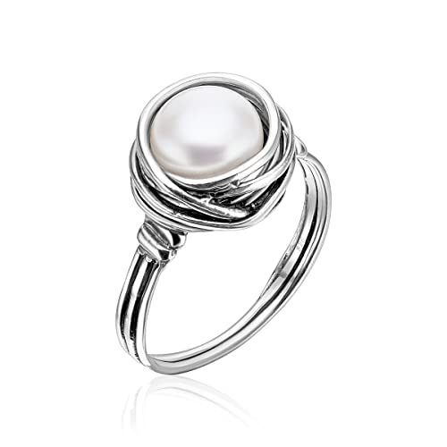 JEAN RACHEL JEWELRY 925 Sterling Silver Ring with Fresh Water Pearl Wire Wrap Vintage Design - Hypoallergenic, Nickel & Lead-free - Artisan Handcrafted Statement Rings for Women - color: White Pearl
