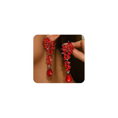 Silver Rhinestone Wedding Earrings for Women,Silver Sparkling Crystal Chandelier Earrings,Formal Cocktail Prom Teardrop Dangle Drop Statement Jewelry - color: Red