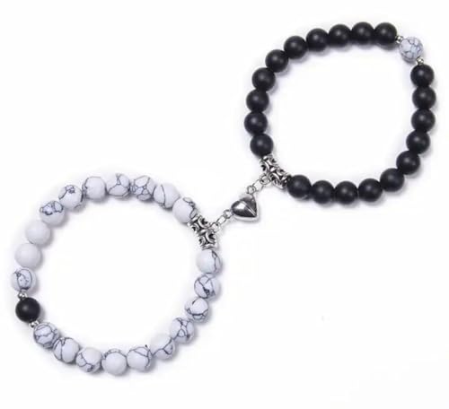 Set Of 2 Couples Bracelet Magnetic Healing Natural Bead Stone Stretch Bracelet Unisex Anniversary, Friendship, Valentine, Christmas Gift - color: Black+Howlite, style: Without Giftbox