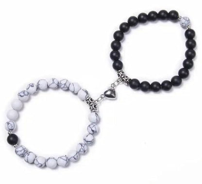 Set Of 2 Couples Bracelet Magnetic Healing Natural Bead Stone Stretch Bracelet Unisex Anniversary, Friendship, Valentine, Christmas Gift - color: Black+Howlite, style: Without Giftbox