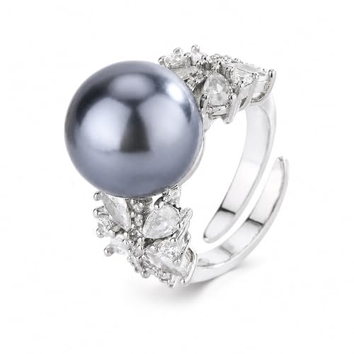 Double Side Butterfly Crystal Bezel Faux Pearl Open Ring, White Gray Gold Two Tone Silver Gold Luxury Evening Cocktail Ring for Women (Ash)