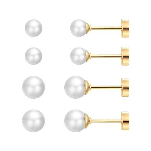 SmileBelle 2 Pairs Pearl Stud Earrings for Women, Flat Back Earring | 20 Gauge Titanium Screw Back Earrings for Nap Sleep, Cartilage Stud Earrings for Girls Helix Piercing Jewelry - size: 4mm+6mm, style: Gold Pearl