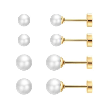 SmileBelle 2 Pairs Pearl Stud Earrings for Women, Flat Back Earring | 20 Gauge Titanium Screw Back Earrings for Nap Sleep, Cartilage Stud Earrings for Girls Helix Piercing Jewelry - size: 4mm+6mm, style: Gold Pearl