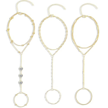 3PCS Set of Stacked Ring Bracelets Accessories for Women | 14K Gold-Plated Dainty Hand Chain Bracelets Stack Summer Jewelry for Women Trendy Ring Bracelet - color: Gold-B