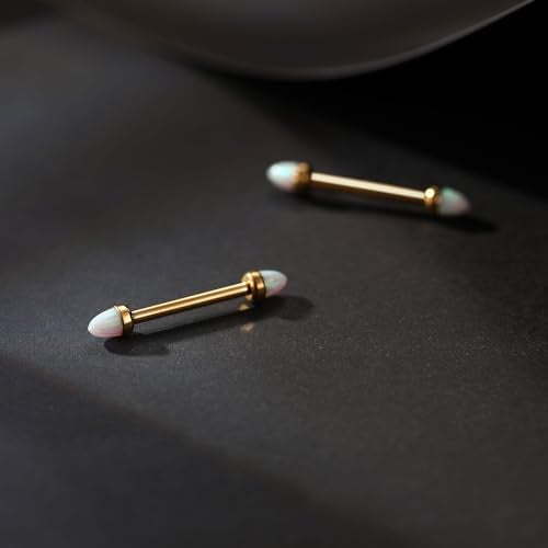 GAGABODY G23 Titanium Pair 14G Nipple Rings Tongue Jewelry Bridge Piercing | Internal Threaded Used in Nipple,Tongue,Bridge 14G Length from 12mm to 18mm Lightweight Daily Wear for Unisex Sensitive Skin - color: Gold+Bullet White Opal, size: 14G+1/2"(12mm)