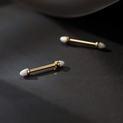 GAGABODY G23 Titanium Pair 14G Nipple Rings Tongue Jewelry Bridge Piercing | Internal Threaded Used in Nipple,Tongue,Bridge 14G Length from 12mm to 18mm Lightweight Daily Wear for Unisex Sensitive Skin - color: Gold+Bullet White Opal, size: 14G+1/2"(12mm)