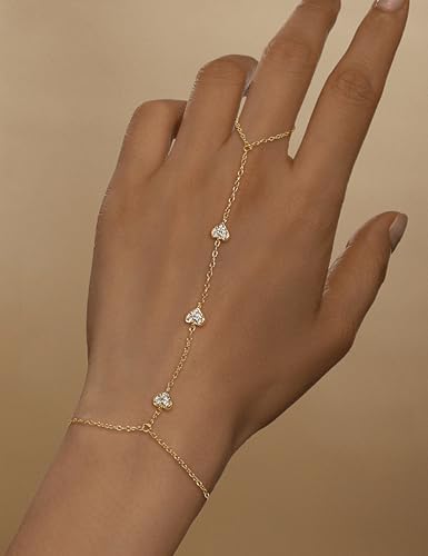 925 Sterling Silver Hand Chain Bracelet for Women | 14k Gold Plated CZ Crystal Heart Starburst Ring Bracelets Hand Chain Diamond Layered Stackable Link Chain Beach Jewelry Gifts - color: GoldC