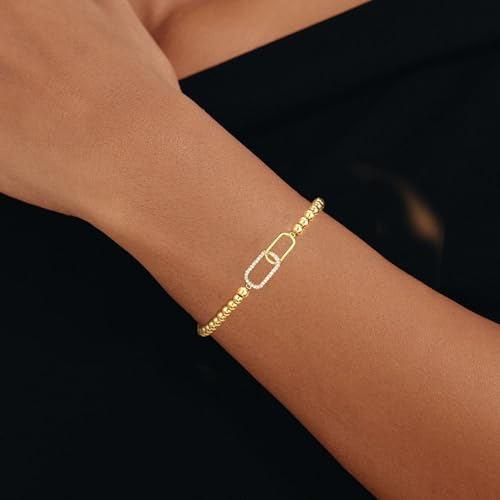 Beaded Bracelets for Women 14K Silver Gold Plated Stretch Handmade Ball Bracelets Cute Charm Bracelet Dainty Stackable Cross Heart Bow Wave CZ Circle Trendy Jewelry Easter Gifts - color: zirconia-square