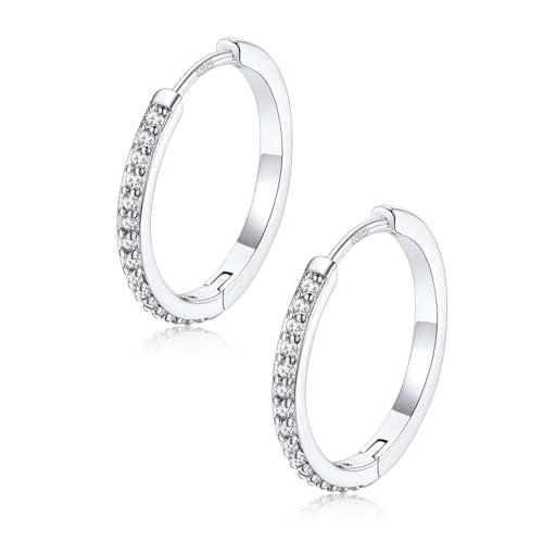 FaithHeart 925 Sterling Silver Post Small CZ Huggie Hoop Earrings for Women | Hypoallergenic Small Cubic Zirconia Hoop Earrings, Silver/Black/Gold/Rose Gold Huggie Earrings, 8-20mm with Gift Box - color: Silver, size: 16mm