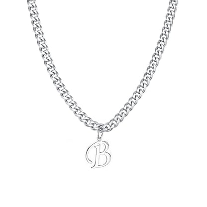 Stainless Steel Initial A-Z Necklace for Men Women,Cuban Chain,Titanium Steel Initial Letter Pendant Charm Necklaces Accessories Jewelry for Woman Man,21 Inch Chain - color: B