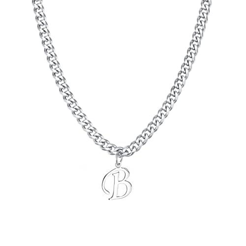 Stainless Steel Initial A-Z Necklace for Men Women,Cuban Chain,Titanium Steel Initial Letter Pendant Charm Necklaces Accessories Jewelry for Woman Man,21 Inch Chain - color: B