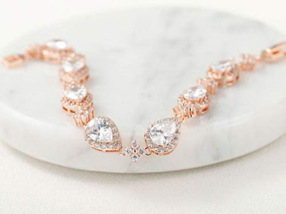 SWEETV Wedding Teardrop Bracelets for Brides Bridesmaids, Crystal Cubic Zirconia Bridal Bracelets for Women Prom - color: Rose Gold