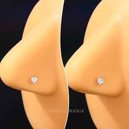 14K Real Gold Nose Studs 20G Nose Rings Studs L Shaped Nose Rings for Women Men Diamond CZ Nose Piercing - color: White Gold-Round CLCZ