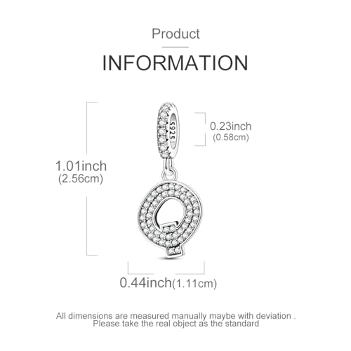Hapour Letter 925 Sterling Silver Charm with Cubic Zirconia Alphabet A-Z Initial Dangle Charms Beads Pendent DIY Jewelry for Bracelets Necklace - color: Q