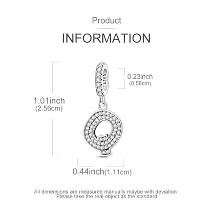 Hapour Letter 925 Sterling Silver Charm with Cubic Zirconia Alphabet A-Z Initial Dangle Charms Beads Pendent DIY Jewelry for Bracelets Necklace - color: Q