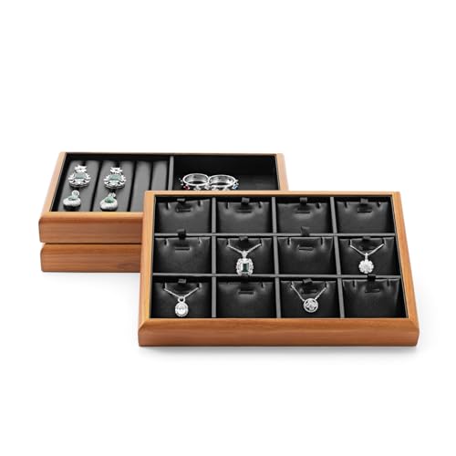 Solid Wood 2-in-1 Stackable Jewelry Display Tray | Solid wood frame & scratch-proof PU lining, 2-in-1 stackable tray for home vanity & retail jewelry display - color: Black, size: Ring/Flat Tray