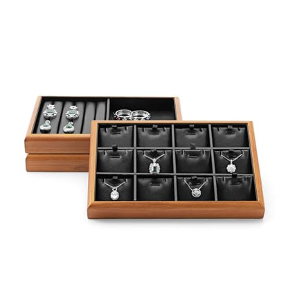 Solid Wood 2-in-1 Stackable Jewelry Display Tray | Solid wood frame & scratch-proof PU lining, 2-in-1 stackable tray for home vanity & retail jewelry display - color: Black, size: Ring/Flat Tray