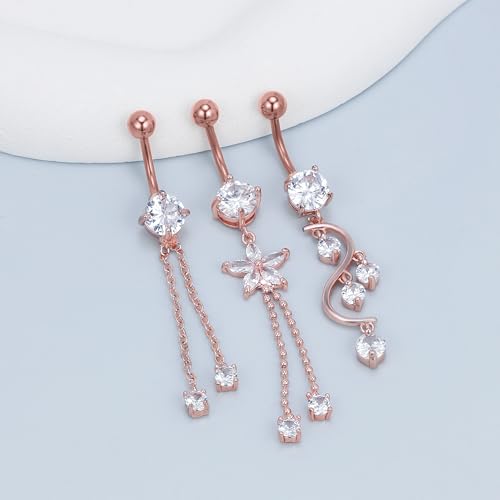 Vsnnsns 14G Dangle Belly Button Ring Piercing Jewelry 316L Stainless Surgical Steel Snake Heart Butterfly Flower Diamond CZ Navel Rings Dangling Belly Button Ring Piercing Jewelry for Women 14 Gauge - color: Rose Gold Tone
