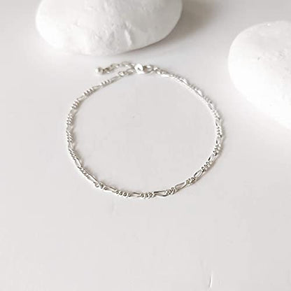 Stacking Bracelet Silver, Minimalist Simple Gourmet Satellite Rectangles Lace Heart Chain Bracelets, 925 Sterling Arm Jewelry for Women, Length 6.5-7.5 Inches - style: Figaro Chain
