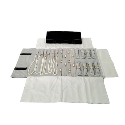 Travel Roll Bag Jewelry Display Storage Organizer Multi-function Velvet Pouch (Black and grey) - color: Black and grey