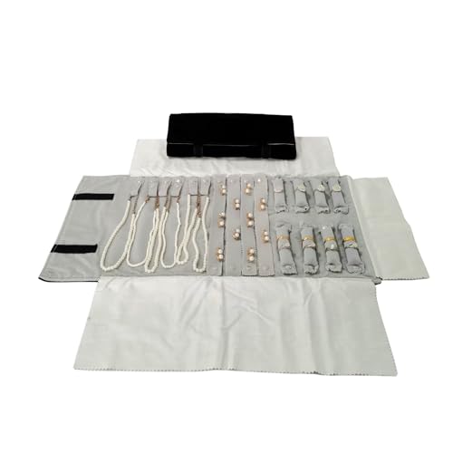 Travel Roll Bag Jewelry Display Storage Organizer Multi-function Velvet Pouch (Black and grey) - color: Black and grey