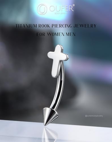 OUFER Rook Piercing Jewelry, G23 Solid Titanium Eyebrow Rings, Heart Vertical Labret Lip Jewelry, 16G Curved Barbells, Daith Rook Earrings for Women Men - color: Silver Cross, size: 16G 8mm