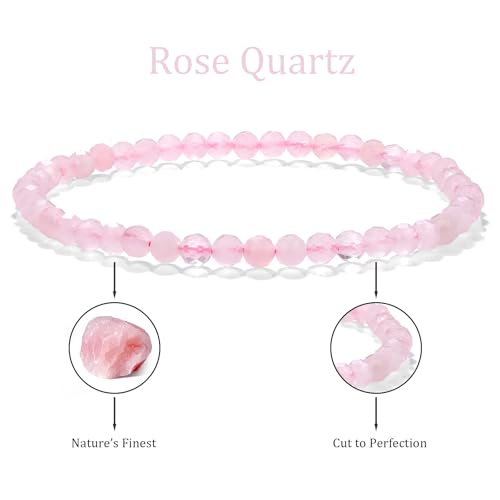 Natural Faceted Crystal Bracelet for Women,4mm Gemstone Round Beads Bracelets Adjustable Stretchy Healing Crystal Beads Bracelets Dainty Jewelry Gift - color: Rose Quartz