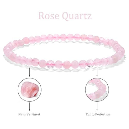 Natural Faceted Crystal Bracelet for Women,4mm Gemstone Round Beads Bracelets Adjustable Stretchy Healing Crystal Beads Bracelets Dainty Jewelry Gift - color: Rose Quartz