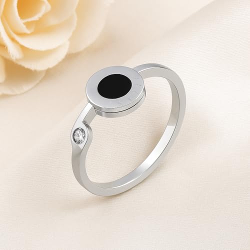 Stainless Steel Open Band Ring for Women & Men, Roman Numeral Accent with Cubic Zirconia Stone, Minimalist Modern Design, Tarnish Resistant Hypoallergenic Jewelry Gift - 6