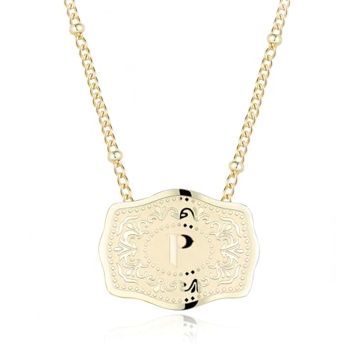 14K Gold-Plated Initial Necklace for Women, Western Belt Buckle Letter Pendant, Alphabet Necklace Includes 2 Chains, Cowgirl Jewelry Gift - color: P
