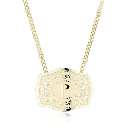 14K Gold-Plated Initial Necklace for Women, Western Belt Buckle Letter Pendant, Alphabet Necklace Includes 2 Chains, Cowgirl Jewelry Gift - color: P
