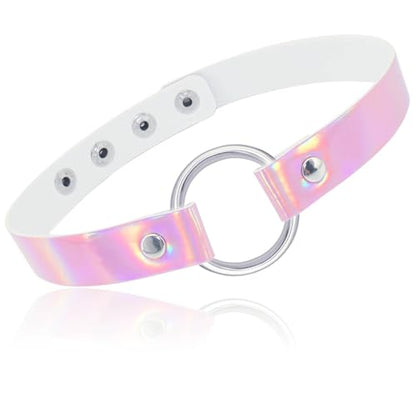 ETHOON Adjustable Leather Choker Collar Soft PU Circle Punk Choker Necklace for Women - color: Laser Pink