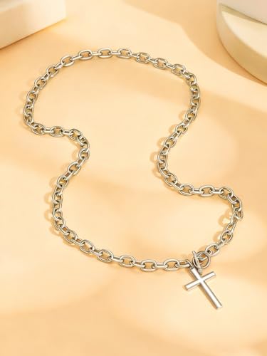 Chunky Gold Cross Necklace for Women Layered Necklace Retro Big Gold Cross Pendant Necklace Statement Chunky Chain Choker Necklaces Thick OT Buckle Chain Long Necklace Jewelry - style: Style1-silver