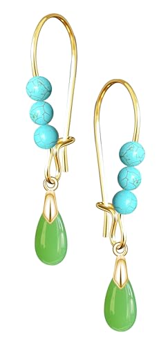 Natural Waterdrop Stone Drop Earrings,Gold Plated Real Genuine Teardrop Crystal Quartz Gemstone Pin Hoop Earrings Hooks Statement Dangle Dangling Earrings for Women Her - color: A02_Emerald