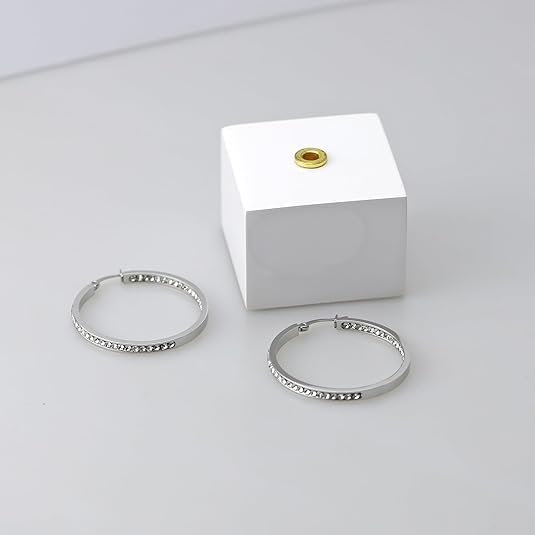 Stainless Steel Inside Out 40mm Hoop Earrings for Women – Sparkling CZ Crystal Hoops, Hypoallergenic, Lightweight, Modern Everyday Earrings – Silver, 18K Gold Plated, & Black Options - color: Silver