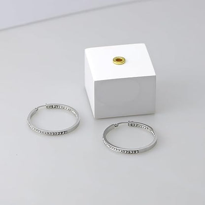 Stainless Steel Inside Out 40mm Hoop Earrings for Women – Sparkling CZ Crystal Hoops, Hypoallergenic, Lightweight, Modern Everyday Earrings – Silver, 18K Gold Plated, & Black Options - color: Silver