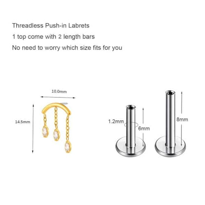 BelezaDosas G23 Titanium Labret Studs Threadless Push-in Labret Press Fit 16G Cluster Helix Lobe Conch Tragus Push Back Piercing Jewelry - style: glod chain 3eye