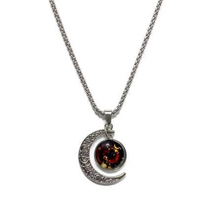 Stainless Steel Mens Necklace 12 Zodiac Moon Galaxy Pendant Necklace,22.8 Inch Stainless Steel Chain, 1.13 Inch Aries/Pisces Celestial Crescent Moon Star Sign Charm Jewelry - style: Leo（7.23-8.22）
