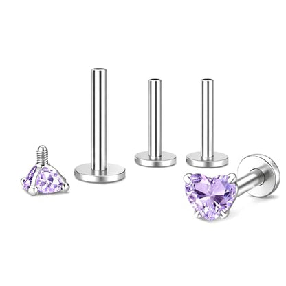 Titanium Heart CZ Labret Stud Earrings for Piercings by Ginger Lyne 6Pc Set G23 Screw Front Flat Back Body Jewelry 2 pair post 6mm, 8mm Cartilage, Helix, Tragus, Lip, Conch, Lobe - color: 5mm-LtPurple