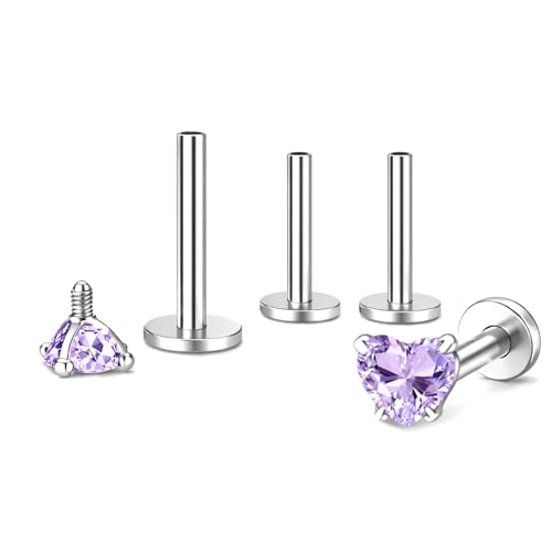 Titanium Heart CZ Labret Stud Earrings for Piercings by Ginger Lyne 6Pc Set G23 Screw Front Flat Back Body Jewelry 2 pair post 6mm, 8mm Cartilage, Helix, Tragus, Lip, Conch, Lobe - color: 5mm-LtPurple