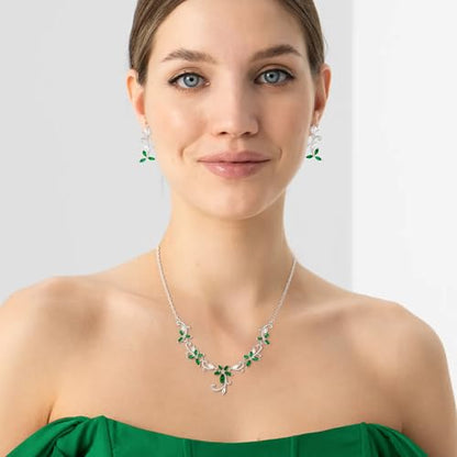 Crysdue Flower Leaf Wedding Jewelry Set for Bridal Bridemaid, Cubic Zirconia Teardrop Elegant Silver/14K/Rose Gold Plated Vine Necklace Dangle Earrings for Prom Party - style: A_Green