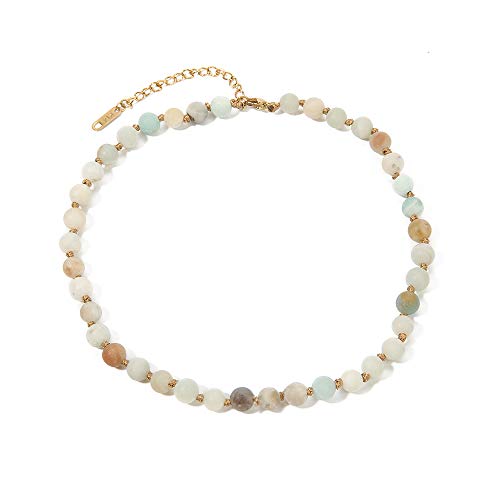 Semi Precious Stone Beaded Choker Necklace 14K Gold Plated Natural Stone Double Strand Necklace Layered Short Necklaces - color: Amazonite