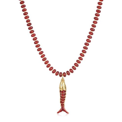 SAMYA Gemstone Beaded Necklace for Women, Natural Stone Ocean Jewelry | Fish or Seashell Pendant Beach Necklace, Gold Spacer Accents, Reinforced Stainless Steel Clasp, Adjustable 16"+2" - color: Carnelian