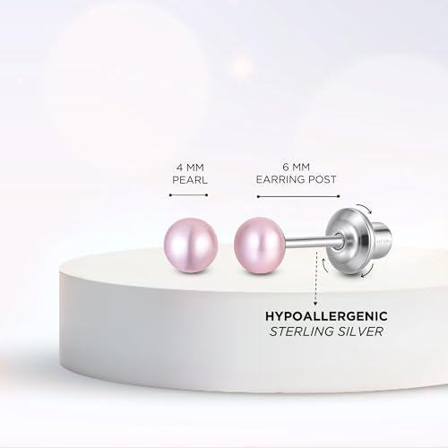 Pearl Screw Back Stud Earrings, 925 Sterling Silver Hypoallergenic - color: Pink, size: 4mm-Medium