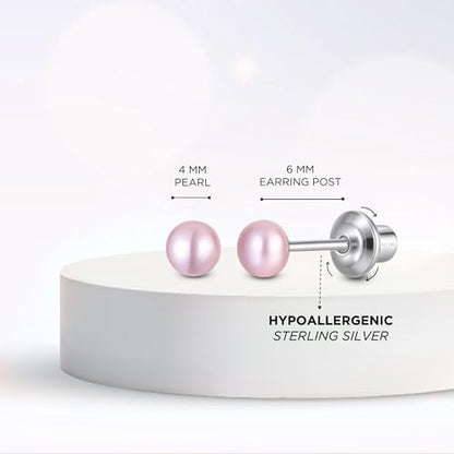Pearl Screw Back Stud Earrings, 925 Sterling Silver Hypoallergenic - color: Pink, size: 4mm-Medium