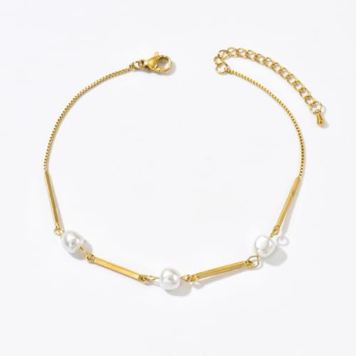Anklets for Women, 18K Gold Plated Dainty Ankle Bracelets with Tennis, Pearl, Daisy, Lip, Snake Chain, Layered CZ Anklet Waterproof, Adjustable Boho Summer Beach Foot Jewelry - style: 3 Pearls