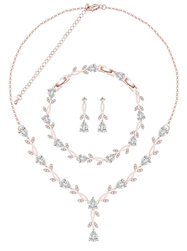 Jewelry Set for Women Bride Bridesmaid Wedding Party Prom Necklace Earrings Bracelet Set Gift for Mother Wife Friend - color: Rose Gold-White